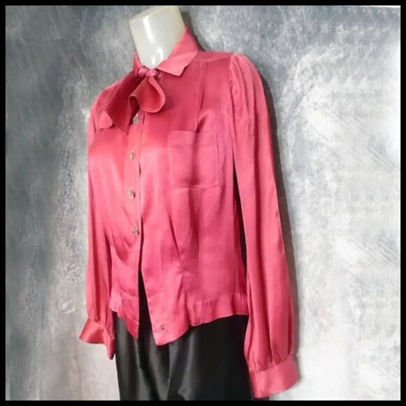 Vintage Silk Charmeuse Long Sleeve Blouse, Tie Bow 30s 1930s - Picture 6 of 14